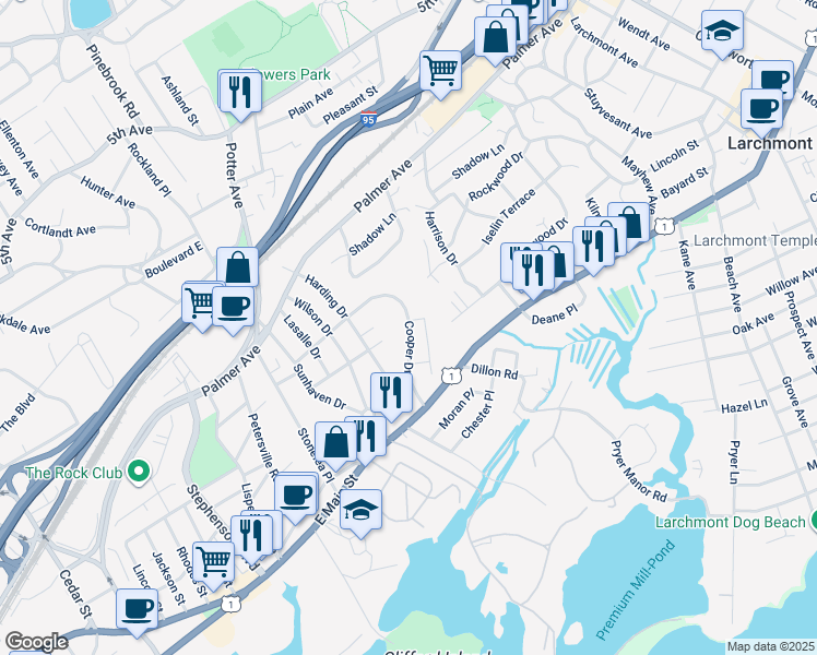 map of restaurants, bars, coffee shops, grocery stores, and more near 110 Cooper Drive in New Rochelle