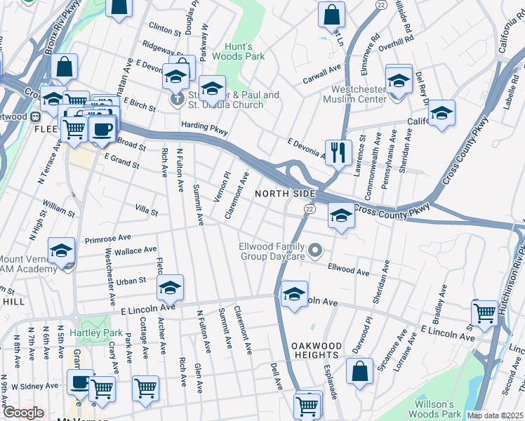 map of restaurants, bars, coffee shops, grocery stores, and more near 101 Frederick Place in Mount Vernon