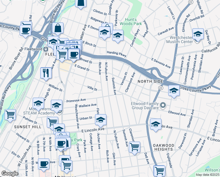 map of restaurants, bars, coffee shops, grocery stores, and more near 8 Park Place in Mount Vernon
