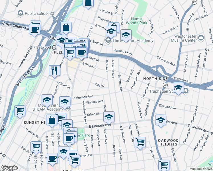 map of restaurants, bars, coffee shops, grocery stores, and more near 335 Rich Avenue in Mount Vernon