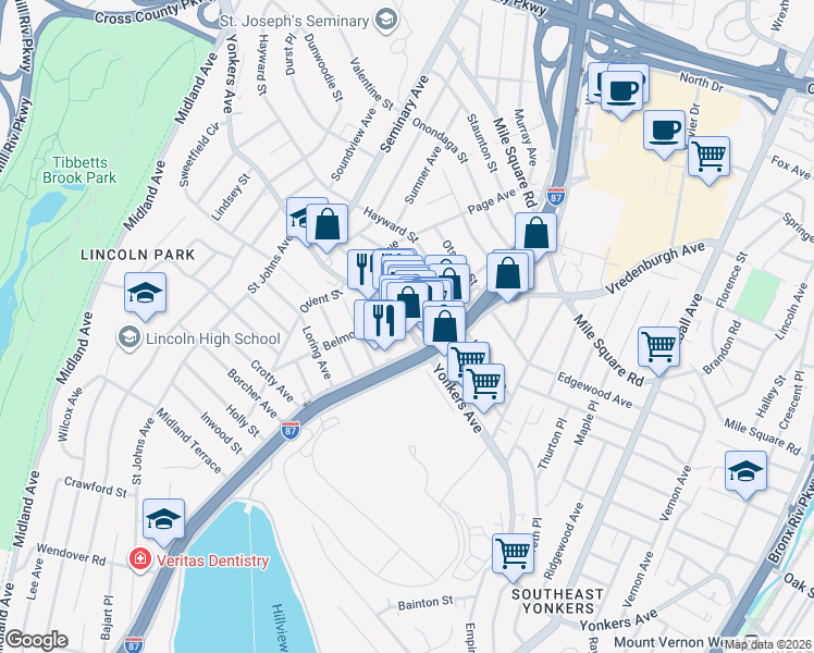 map of restaurants, bars, coffee shops, grocery stores, and more near 98 Cowles Avenue in Yonkers