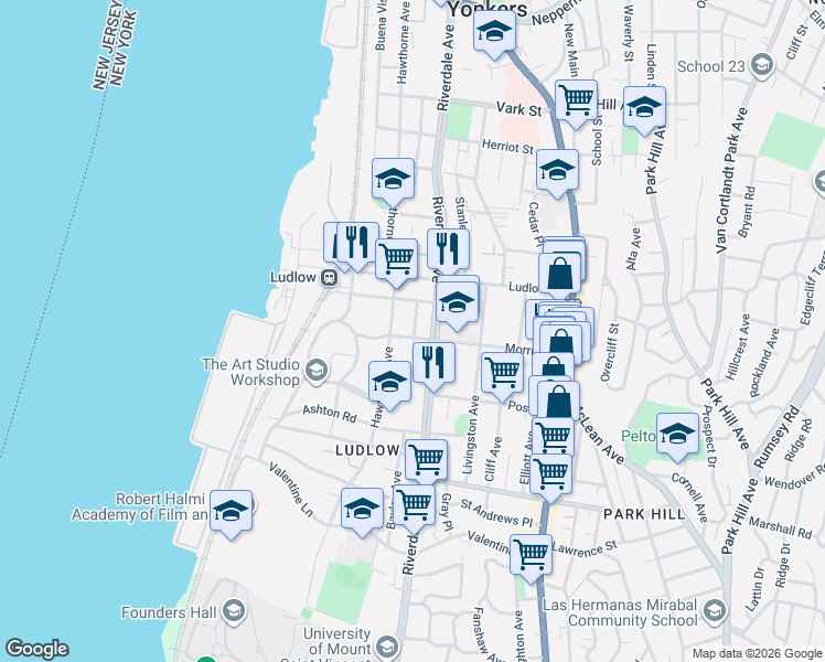 map of restaurants, bars, coffee shops, grocery stores, and more near 18 Pier Street in Yonkers