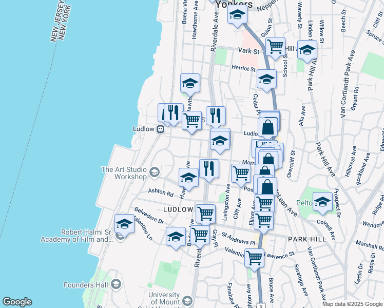 map of restaurants, bars, coffee shops, grocery stores, and more near 18 Pier Street in Yonkers