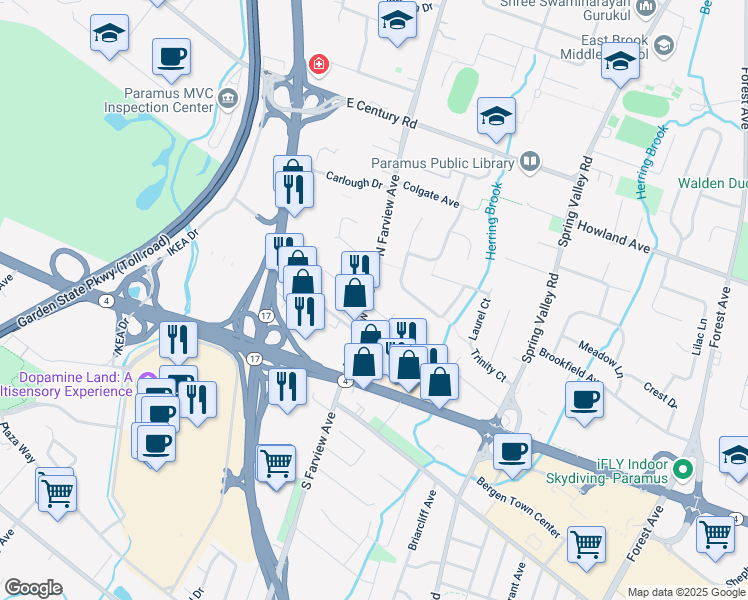 map of restaurants, bars, coffee shops, grocery stores, and more near 50 Farview Terrace in Paramus