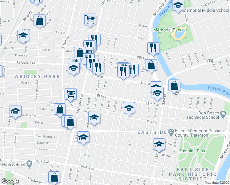 map of restaurants, bars, coffee shops, grocery stores, and more near 456 East 26th Street in Paterson