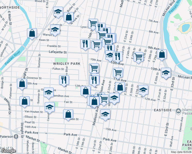 map of restaurants, bars, coffee shops, grocery stores, and more near 495 East 18th Street in Paterson