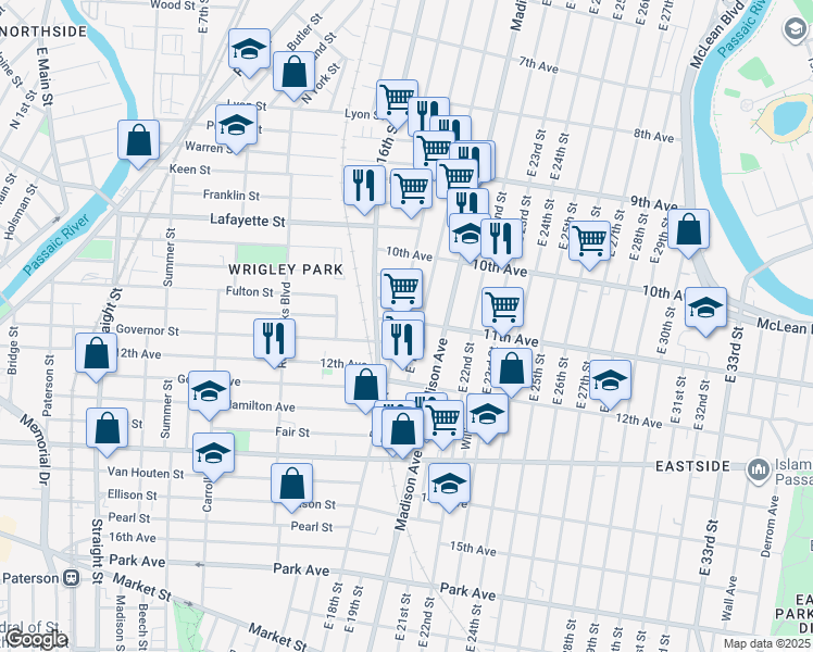 map of restaurants, bars, coffee shops, grocery stores, and more near 495 East 18th Street in Paterson