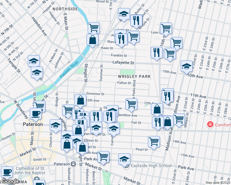 map of restaurants, bars, coffee shops, grocery stores, and more near 31 Carroll Street in Paterson