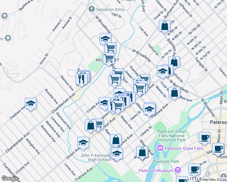 map of restaurants, bars, coffee shops, grocery stores, and more near 159 Sheridan Avenue in Paterson