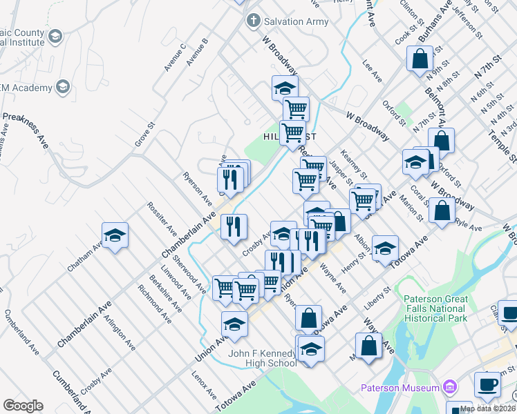 map of restaurants, bars, coffee shops, grocery stores, and more near 344-348 Chamberlain Avenue in Paterson