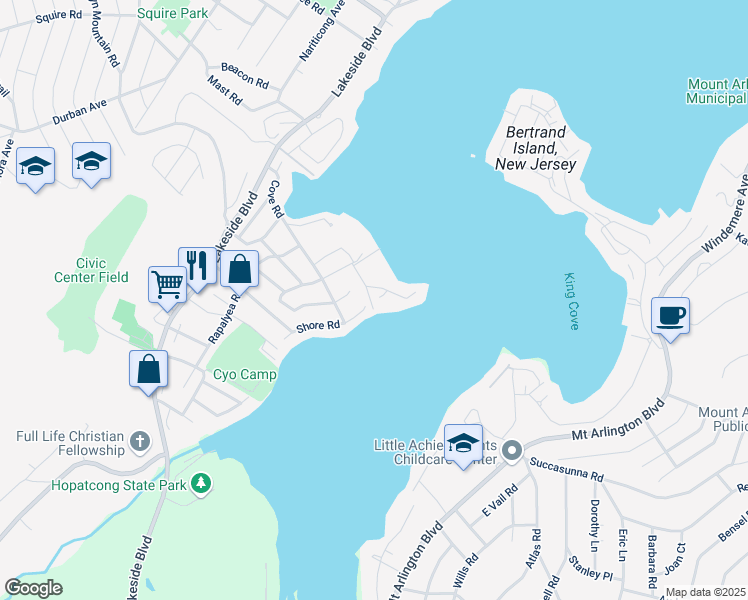 map of restaurants, bars, coffee shops, grocery stores, and more near 15 Point Pleasant Road in Hopatcong