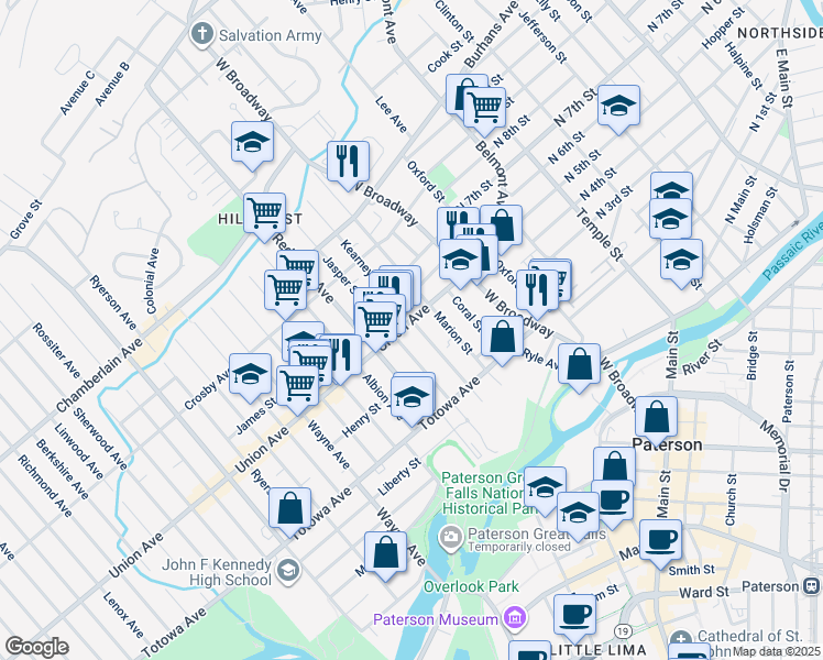 map of restaurants, bars, coffee shops, grocery stores, and more near 496 Union Avenue in Paterson
