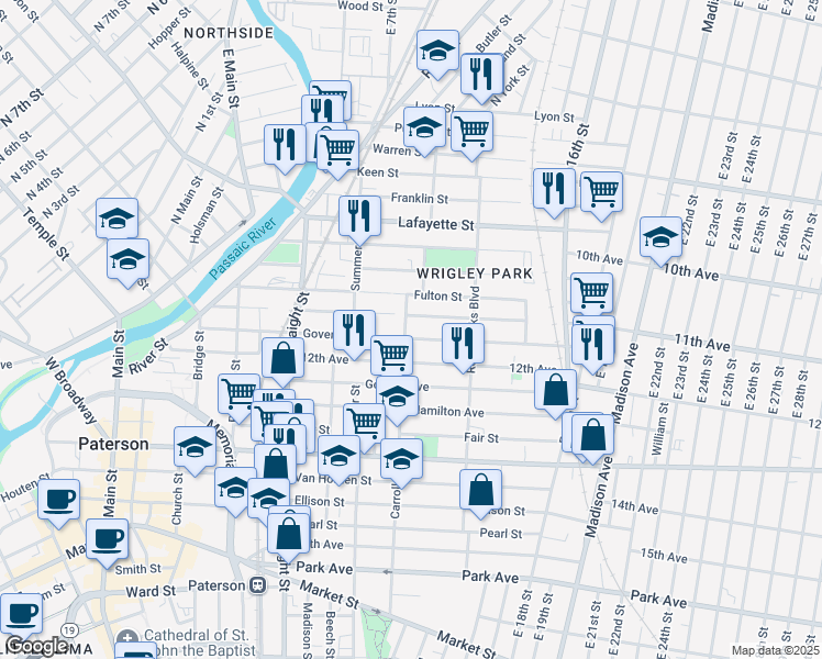 map of restaurants, bars, coffee shops, grocery stores, and more near 47 Carroll Street in Paterson
