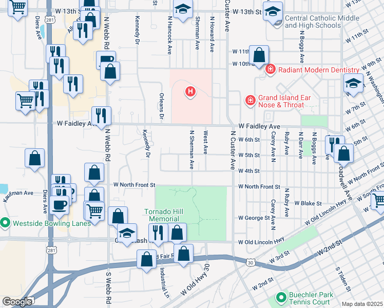 map of restaurants, bars, coffee shops, grocery stores, and more near 500 North Sherman Avenue in Grand Island