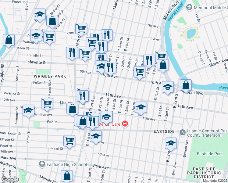 map of restaurants, bars, coffee shops, grocery stores, and more near 522 East 24th Street in Paterson