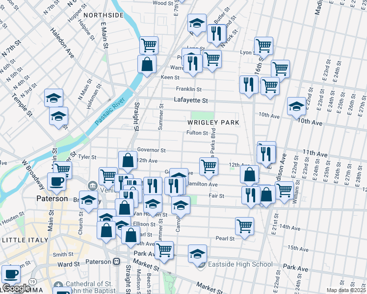map of restaurants, bars, coffee shops, grocery stores, and more near 47 Carroll Street in Paterson