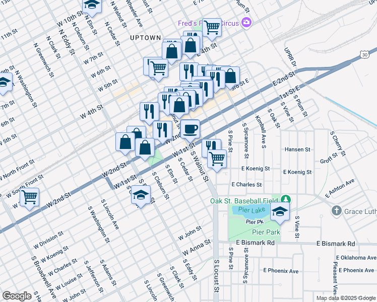 map of restaurants, bars, coffee shops, grocery stores, and more near 401 West 1st Street in Grand Island