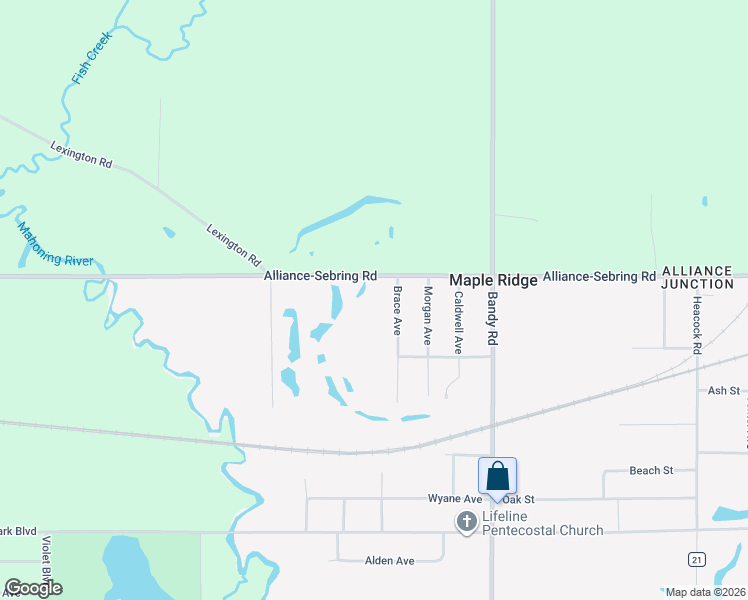 map of restaurants, bars, coffee shops, grocery stores, and more near 21215 Alliance-Sebring Road in Alliance