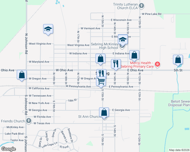map of restaurants, bars, coffee shops, grocery stores, and more near 195 West Ohio Avenue in Sebring