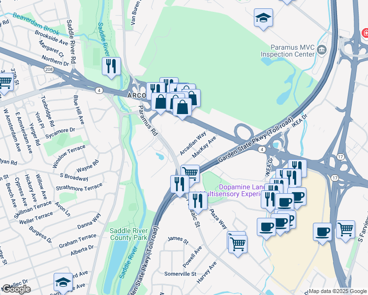 map of restaurants, bars, coffee shops, grocery stores, and more near 17 Arcadian Way in Paramus