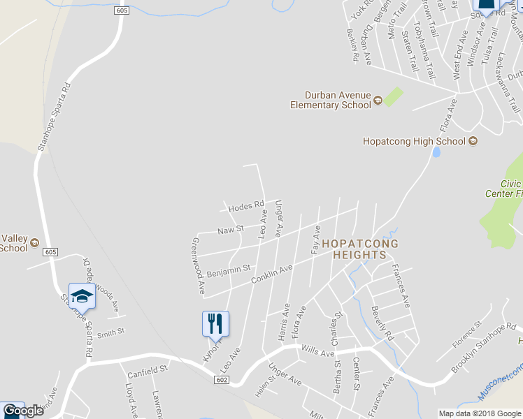 map of restaurants, bars, coffee shops, grocery stores, and more near 70 Leo Avenue in Stanhope