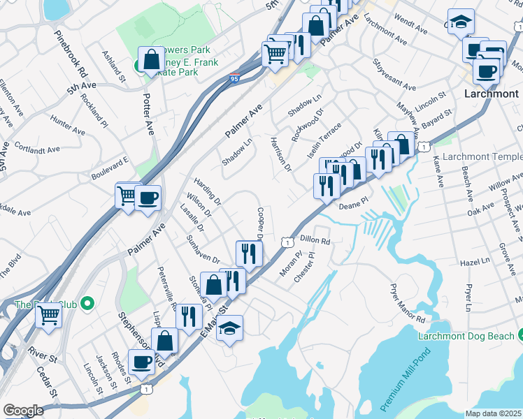 map of restaurants, bars, coffee shops, grocery stores, and more near 110 Cooper Drive in New Rochelle
