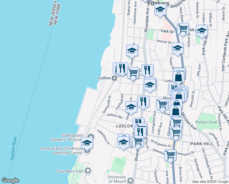 map of restaurants, bars, coffee shops, grocery stores, and more near 25 Sunnyside Drive in Yonkers