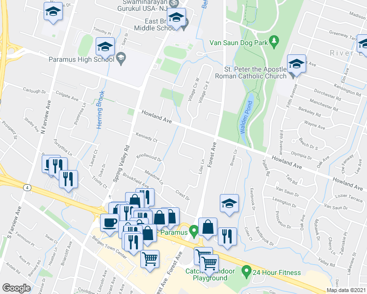 map of restaurants, bars, coffee shops, grocery stores, and more near 95 Andrea Court in Paramus