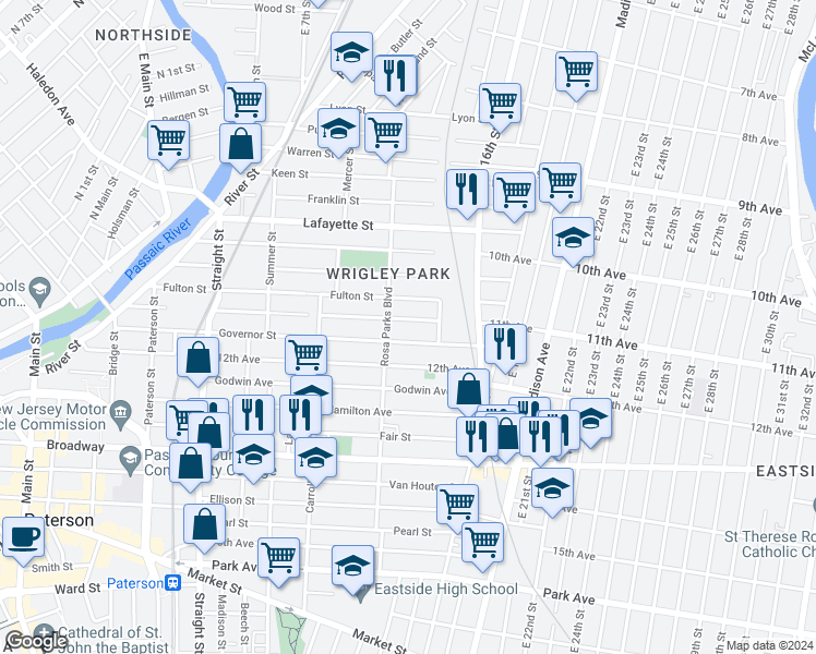 map of restaurants, bars, coffee shops, grocery stores, and more near 163 Rosa Parks Boulevard in Paterson