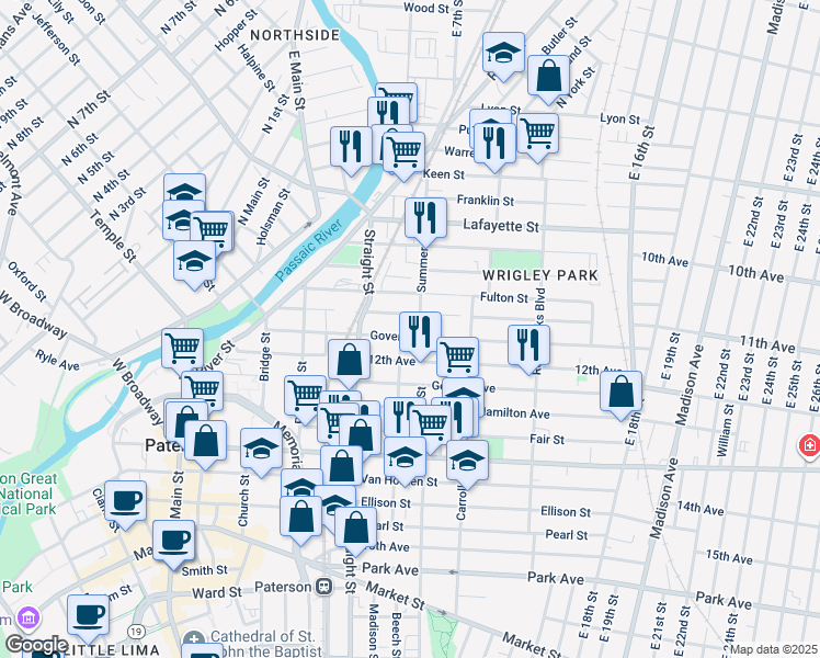 map of restaurants, bars, coffee shops, grocery stores, and more near 93 Harrison Street in Paterson