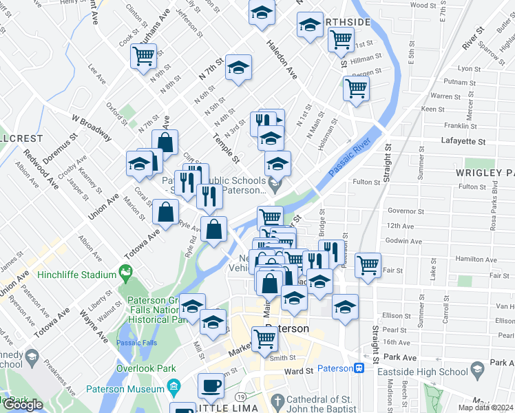 map of restaurants, bars, coffee shops, grocery stores, and more near in Paterson