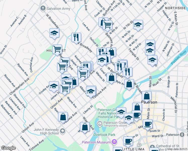 map of restaurants, bars, coffee shops, grocery stores, and more near 496 Union Avenue in Paterson
