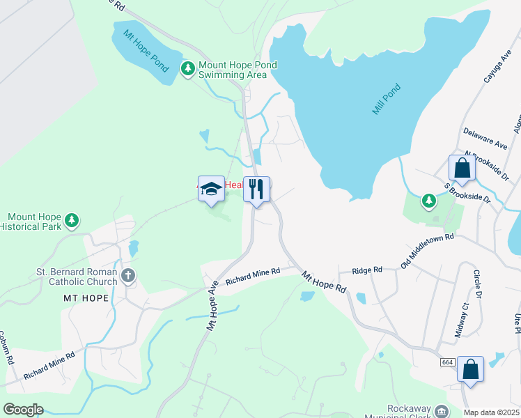 map of restaurants, bars, coffee shops, grocery stores, and more near 544 Mount Hope Road in Wharton