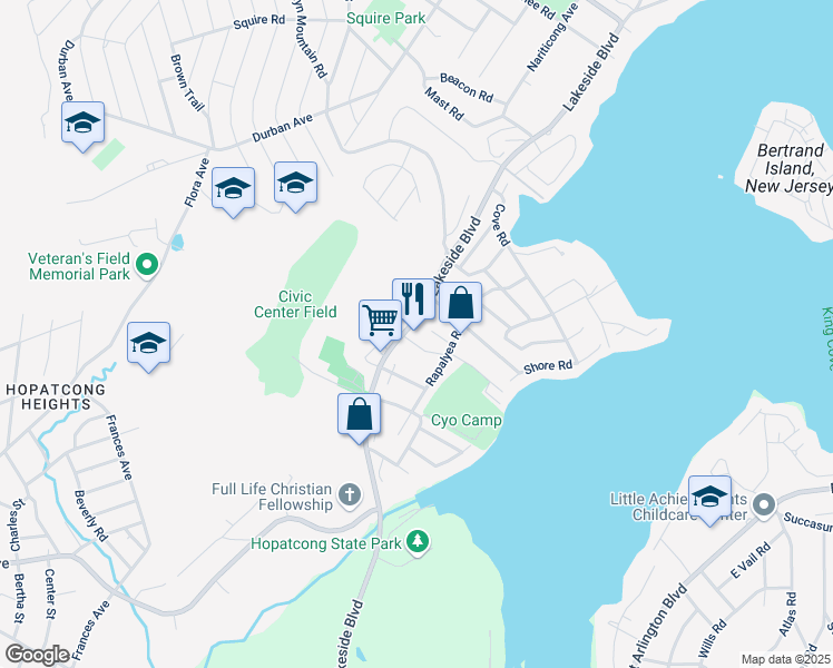 map of restaurants, bars, coffee shops, grocery stores, and more near 53 County Road 607 in Hopatcong
