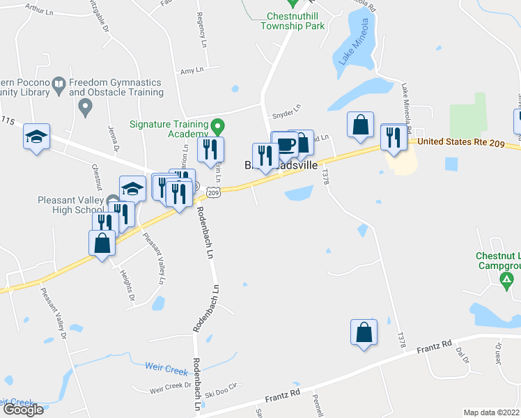 map of restaurants, bars, coffee shops, grocery stores, and more near 111 Claire Lane in Brodheadsville