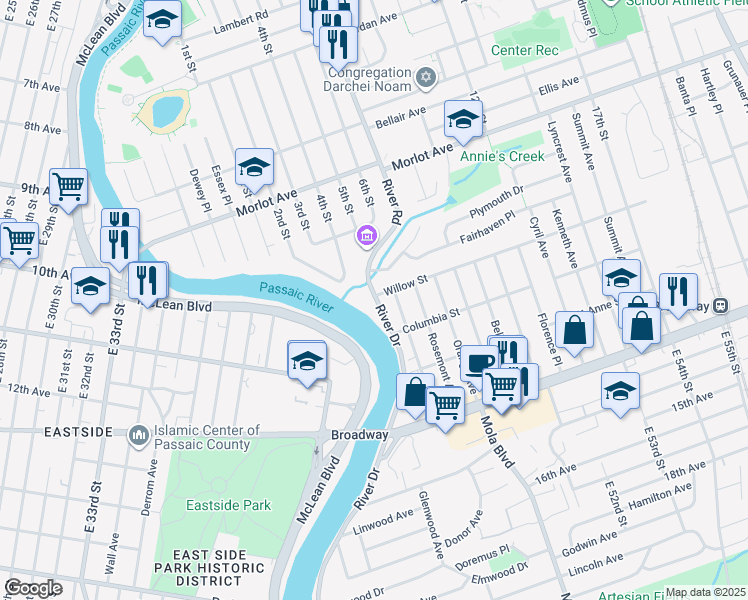 map of restaurants, bars, coffee shops, grocery stores, and more near 7 River Drive in Elmwood Park
