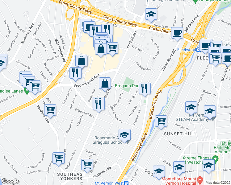 map of restaurants, bars, coffee shops, grocery stores, and more near 66 Florence Street in Yonkers