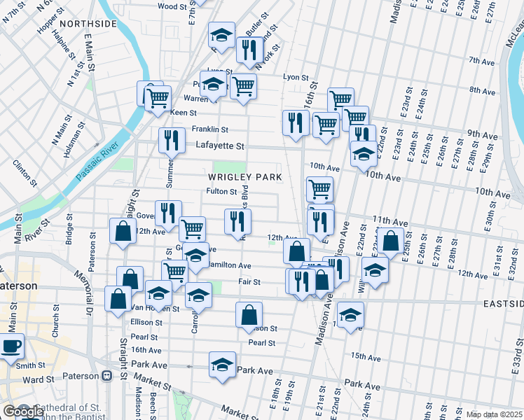 map of restaurants, bars, coffee shops, grocery stores, and more near 250 Harrison Street in Paterson