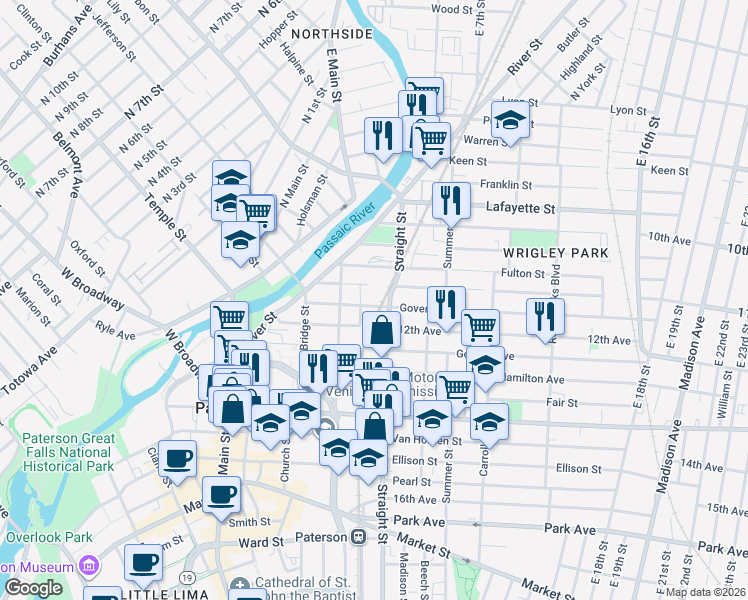 map of restaurants, bars, coffee shops, grocery stores, and more near 69 Straight Street in Paterson