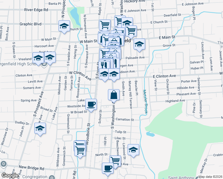 map of restaurants, bars, coffee shops, grocery stores, and more near 150 South Washington Avenue in Bergenfield