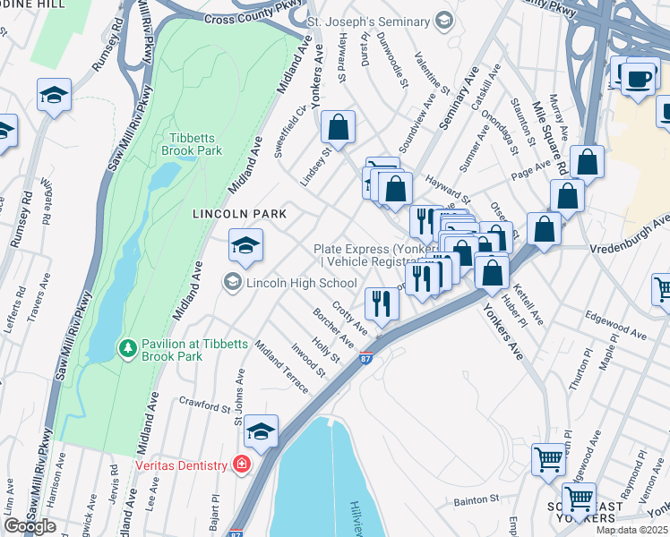 map of restaurants, bars, coffee shops, grocery stores, and more near 23 Nile Street in Yonkers
