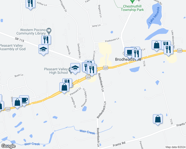 map of restaurants, bars, coffee shops, grocery stores, and more near U.S. 209 in BRODHEADSVLLE
