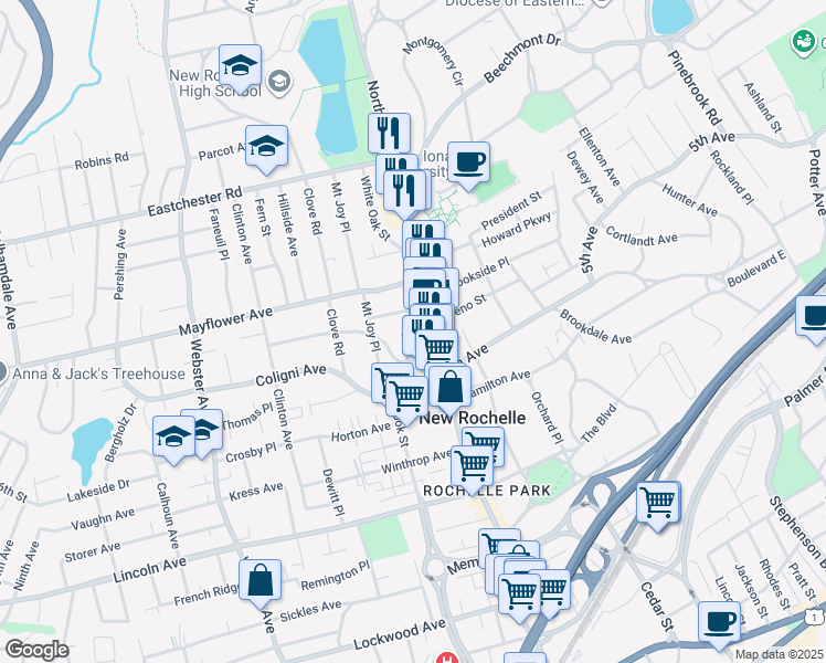 map of restaurants, bars, coffee shops, grocery stores, and more near 622 North Avenue in New Rochelle