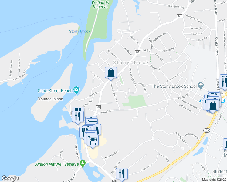 map of restaurants, bars, coffee shops, grocery stores, and more near 10 Stony Brook Avenue in Stony Brook