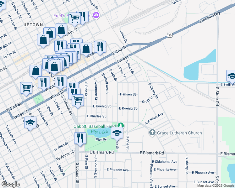 map of restaurants, bars, coffee shops, grocery stores, and more near 229 S Oak St in Grand Island