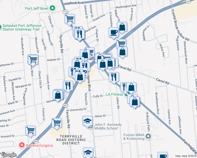 map of restaurants, bars, coffee shops, grocery stores, and more near 7 Roosevelt Avenue in Port Jefferson Station