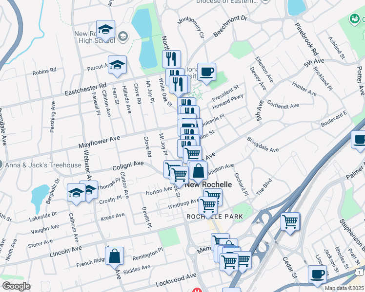 map of restaurants, bars, coffee shops, grocery stores, and more near 622 North Avenue in New Rochelle