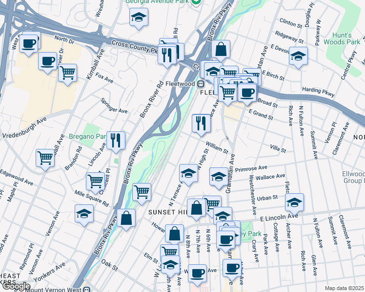 map of restaurants, bars, coffee shops, grocery stores, and more near 525 North MacQuesten Parkway in Mount Vernon