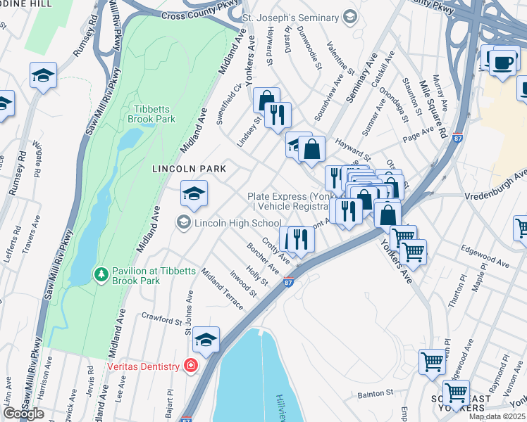 map of restaurants, bars, coffee shops, grocery stores, and more near 23 Nile Street in Yonkers