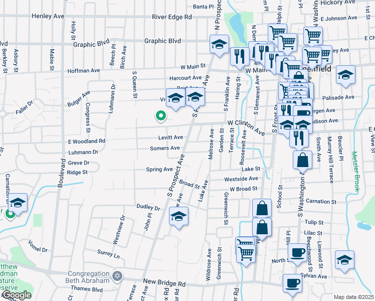 map of restaurants, bars, coffee shops, grocery stores, and more near 148 South Prospect Avenue in Bergenfield